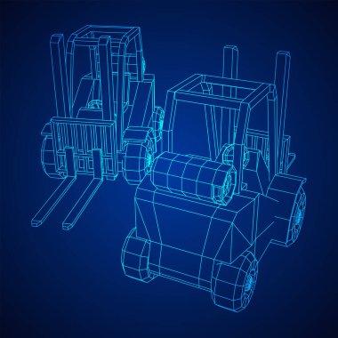 Forklift Yükleyici Kamyonu. Kablo çerçevesi düşük poli ağ vektör çizimi.