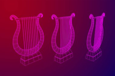 Antik lir ya da arp enstrümanı. Müzik konsepti. Kablo çerçevesi düşük poli ağ vektör çizimi.