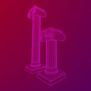 Yunan iyonik sütunu. Antik sütunlar Roma antika mimarisi inşaat dekorasyonu. Kablo çerçevesi düşük poli ağ vektör çizimi.