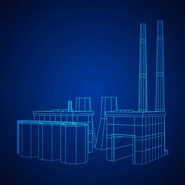 Sanayi fabrikası tesisi elektrik santrali. Kablo çerçevesi düşük poli ağ vektör çizimi.