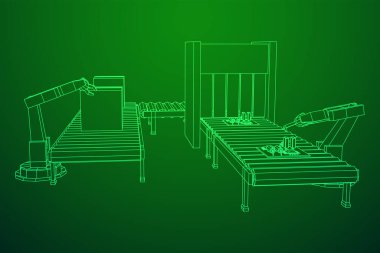 Robotik kol, teknoloji endüstrisi montaj makineli el üretiyor. Devre kartları ve paketlenmiş kutuları olan normal bir tekerlek taşıyıcısı. Kablo çerçevesi düşük poli ağ vektör çizimi