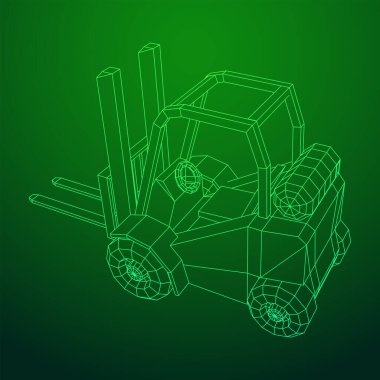 Forklift Yükleyici Kamyonu. Kablo çerçevesi düşük poli ağ vektör çizimi.