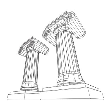 Yunan iyonik sütunu. Antik sütunlar Roma antika mimarisi inşaat dekorasyonu. Kablo çerçevesi düşük poli ağ vektör çizimi.