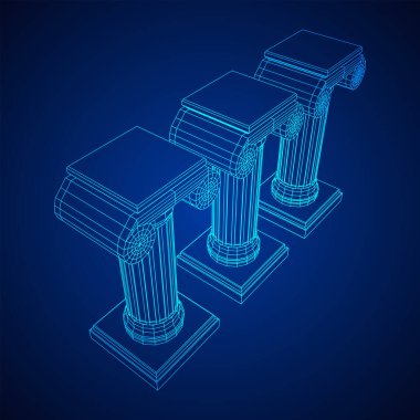 Yunan iyonik sütunu. Antik sütunlar Roma antika mimarisi inşaat dekorasyonu. Kablo çerçevesi düşük poli ağ vektör çizimi.