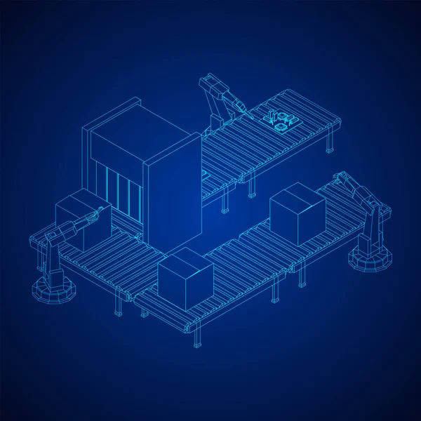 Robotik Kol Teknoloji Endüstrisi Montaj Makineli Üretiyor Devre Kartları Paketlenmiş — Stok Vektör