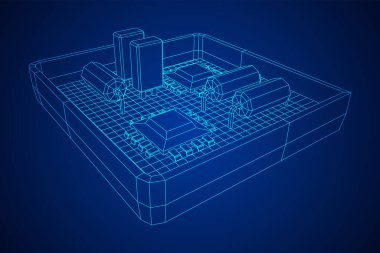 Her ihtimale karşı devre kartı. Elektronik bilgisayar parçaları ana kart. Yarı iletken mikroçip, diyot. Donanım parçaları. Kablo çerçevesi düşük poli ağ vektör çizimi.