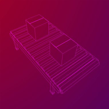 Paketli taşıma bandı bölümü. Fabrika üretim ekipmanları. Kablo çerçevesi düşük poli ağ vektör çizimi
