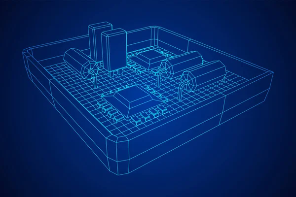 Her ihtimale karşı devre kartı. Elektronik bilgisayar parçaları ana kart. Yarı iletken mikroçip, diyot. Donanım parçaları. Kablo çerçevesi düşük poli ağ vektör çizimi.
