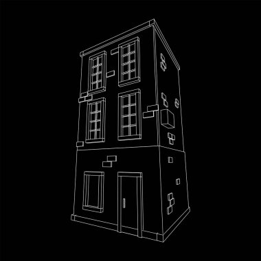 Şehir binası konsepti. Kablo çerçevesi düşük poli ağ vektör çizimi