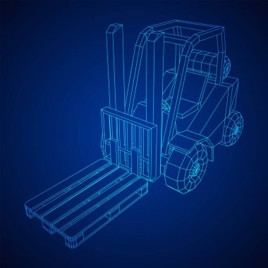 Depo için yük paleti taşıyan forklift yük kamyonu. Lojistik nakliye konsepti. Kablo çerçevesi düşük poli ağ vektör çizimi.