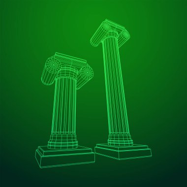 Yunan iyonik sütunu. Antik sütunlar Roma antika mimarisi inşaat dekorasyonu. Kablo çerçevesi düşük poli ağ vektör çizimi.
