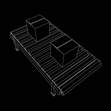 Paketli taşıma bandı bölümü. Fabrika üretim ekipmanları. Kablo çerçevesi düşük poli ağ vektör çizimi