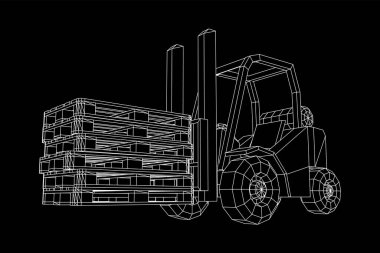 Depo için yük paleti taşıyan forklift yük kamyonu. Lojistik nakliye konsepti. Kablo çerçevesi düşük poli ağ vektör çizimi.