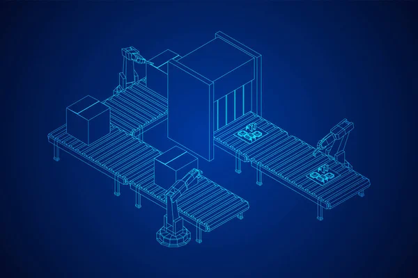 ロボットアーム製造技術産業組立整備士の手 回路基板とパックボックス付きの定期的なローラーコンベア ワイヤーフレーム低ポリメッシュベクトルイラスト — ストックベクタ