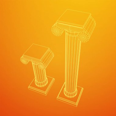 Yunan iyonik sütunu. Antik sütunlar Roma antika mimarisi inşaat dekorasyonu. Kablo çerçevesi düşük poli ağ vektör çizimi.