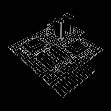 Devre kartı. Elektronik bilgisayar parçaları ana kart. Yarı iletken mikroçip, diyot. Donanım parçaları. Kablo çerçevesi düşük poli ağ vektör çizimi.