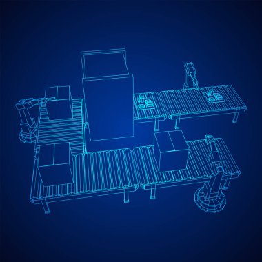 Robotik kol, teknoloji endüstrisi montaj makineli el üretiyor. Devre kartları ve paketlenmiş kutuları olan normal bir tekerlek taşıyıcısı. Kablo çerçevesi düşük poli ağ vektör çizimi