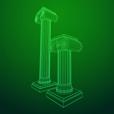 Yunan iyonik sütunu. Antik sütunlar Roma antika mimarisi inşaat dekorasyonu. Kablo çerçevesi düşük poli ağ vektör çizimi.
