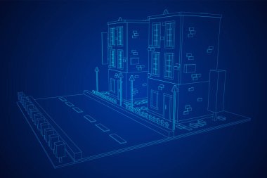 Şehir binası konsepti. Kablo çerçevesi düşük poli ağ vektör çizimi