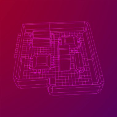 Her ihtimale karşı devre kartı. Elektronik bilgisayar parçaları ana kart. Yarı iletken mikroçip, diyot. Donanım parçaları. Kablo çerçevesi düşük poli ağ vektör çizimi.