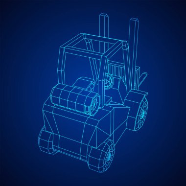 Forklift Yükleyici Kamyonu. Kablo çerçevesi düşük poli ağ vektör çizimi.