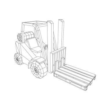 Depo için yük paleti taşıyan forklift yük kamyonu. Lojistik nakliye konsepti. Kablo çerçevesi düşük poli ağ vektör çizimi.