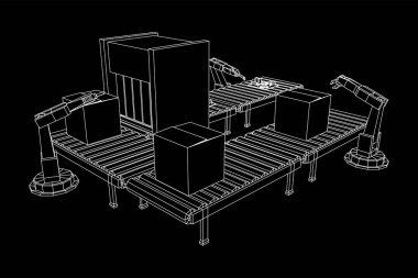 Robotik kol, teknoloji endüstrisi montaj makineli el üretiyor. Devre kartları ve paketlenmiş kutuları olan normal bir tekerlek taşıyıcısı. Kablo çerçevesi düşük poli ağ vektör çizimi