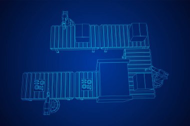 Robotik kol, teknoloji endüstrisi montaj makineli el üretiyor. Devre kartları ve paketlenmiş kutuları olan normal bir tekerlek taşıyıcısı. Kablo çerçevesi düşük poli ağ vektör çizimi