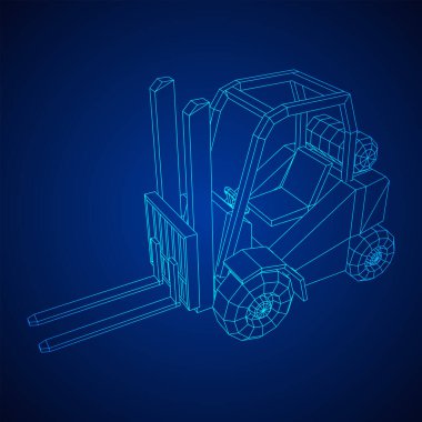 Forklift Yükleyici Kamyonu. Kablo çerçevesi düşük poli ağ vektör çizimi.