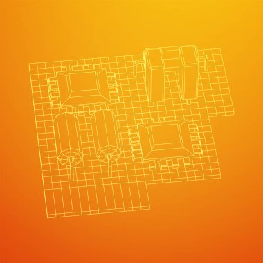 Devre kartı. Elektronik bilgisayar parçaları ana kart. Yarı iletken mikroçip, diyot. Donanım parçaları. Kablo çerçevesi düşük poli ağ vektör çizimi.