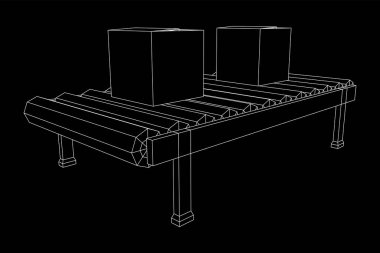 Paketli taşıma bandı bölümü. Fabrika üretim ekipmanları. Kablo çerçevesi düşük poli ağ vektör çizimi