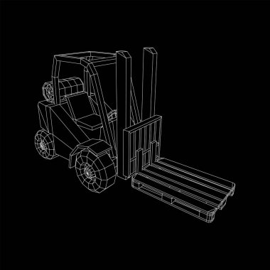 Depo için yük paleti taşıyan forklift yük kamyonu. Lojistik nakliye konsepti. Kablo çerçevesi düşük poli ağ vektör çizimi.