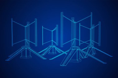 Darrieus rüzgar türbini. Yel değirmeni jeneratörü kablo şeması düşük polyester ağ. Vektör illüstrasyonu