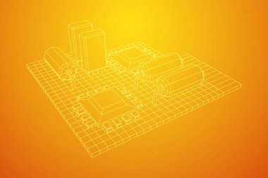 Devre kartı. Elektronik bilgisayar parçaları ana kart. Yarı iletken mikroçip, diyot. Donanım parçaları. Kablo çerçevesi düşük poli ağ vektör çizimi.