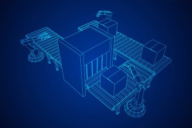Robotik kol, teknoloji endüstrisi montaj makineli el üretiyor. Devre kartları ve paketlenmiş kutuları olan normal bir tekerlek taşıyıcısı. Kablo çerçevesi düşük poli ağ vektör çizimi
