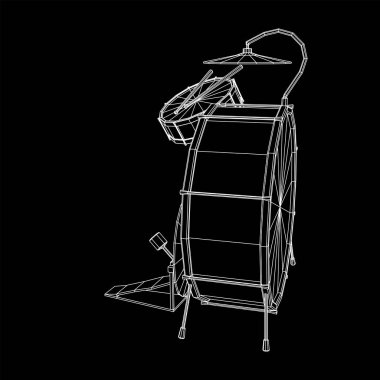 Müzik aletleri ayarlandı. Rock grubu davul takımı. Perküsyon enstrüman bateri, sopa ve zil. Kablo çerçevesi düşük poli ağ vektör çizimi.