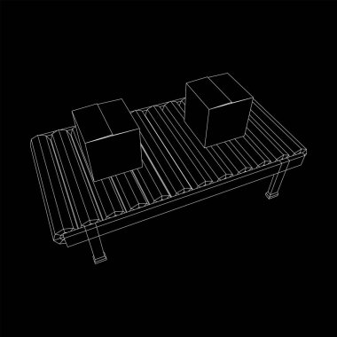 Paketli taşıma bandı bölümü. Fabrika üretim ekipmanları. Kablo çerçevesi düşük poli ağ vektör çizimi