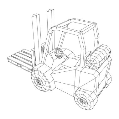 Depo için yük paleti taşıyan forklift yük kamyonu. Lojistik nakliye konsepti. Kablo çerçevesi düşük poli ağ vektör çizimi.