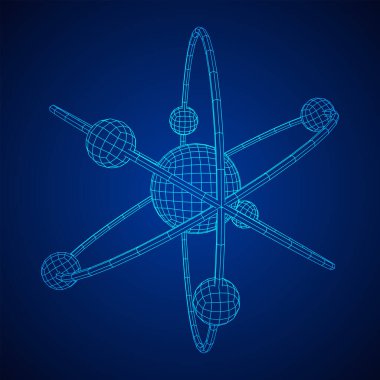 Atomun çekirdeği ve yörüngelerinde dönen elektronları olan gezegen modeli. Nükleer nano teknoloji. Kablo çerçevesi düşük poli ağ vektör çizimi.