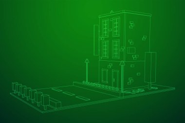 Şehir binası konsepti. Kablo çerçevesi düşük poli ağ vektör çizimi