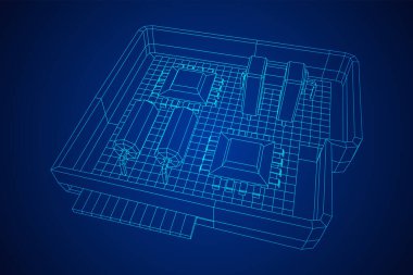 Her ihtimale karşı devre kartı. Elektronik bilgisayar parçaları ana kart. Yarı iletken mikroçip, diyot. Donanım parçaları. Kablo çerçevesi düşük poli ağ vektör çizimi.
