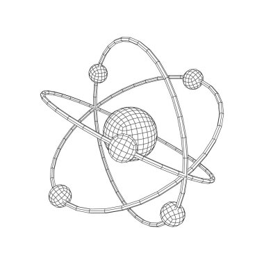 Atomun çekirdeği ve yörüngelerinde dönen elektronları olan gezegen modeli. Nükleer nano teknoloji. Kablo çerçevesi düşük poli ağ vektör çizimi.