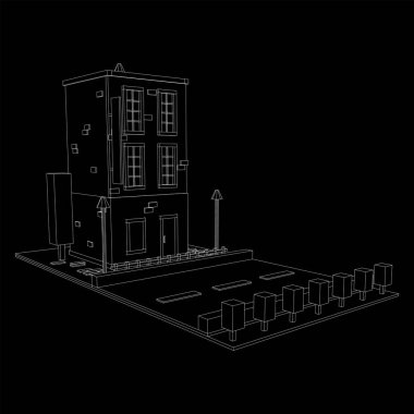 Şehir binası konsepti. Kablo çerçevesi düşük poli ağ vektör çizimi