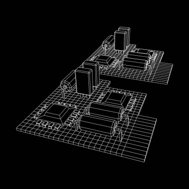 Devre kartı. Elektronik bilgisayar parçaları ana kart. Yarı iletken mikroçip, diyot. Donanım parçaları. Kablo çerçevesi düşük poli ağ vektör çizimi.