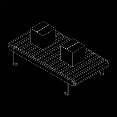 Paketli taşıma bandı bölümü. Fabrika üretim ekipmanları. Kablo çerçevesi düşük poli ağ vektör çizimi