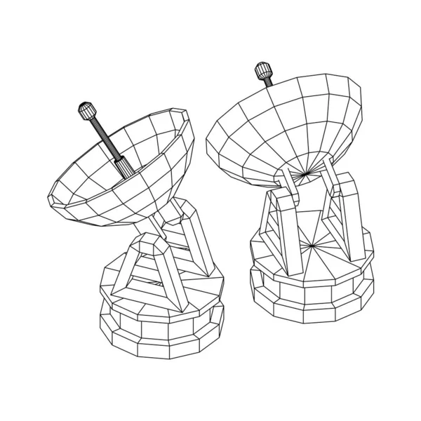 Radar Antena Rádio Direcional Com Antena Parabólica Radiotelescópio Astronómico Wireframe — Vetor de Stock