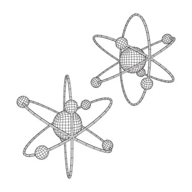 Atomun çekirdeği ve yörüngelerinde dönen elektronları olan gezegen modeli. Nükleer nano teknoloji. Kablo çerçevesi düşük poli ağ vektör çizimi.
