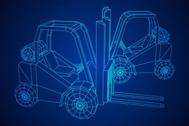 Forklift Yükleyici Kamyonu. Kablo çerçevesi düşük poli ağ vektör çizimi.
