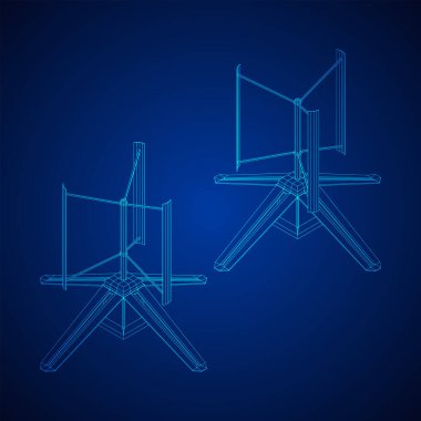 Darrieus rüzgar türbini. Yel değirmeni jeneratörü kablo şeması düşük polyester ağ. Vektör illüstrasyonu