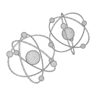 Atomun çekirdeği ve yörüngelerinde dönen elektronları olan gezegen modeli. Nükleer nano teknoloji. Kablo çerçevesi düşük poli ağ vektör çizimi.